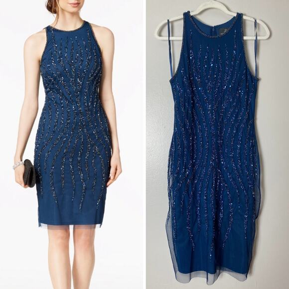 ADRIANNA PAPELL DRESS 8 BLUE SEQUIN BEADED COCKTAIL MESH SLEEVELESS MINI SHORT - Picture 1 of 16